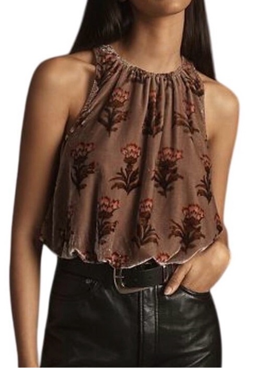 Anthropologie Tops - Anthropologie Brown Floral Halter Tank with Scalloped Hem